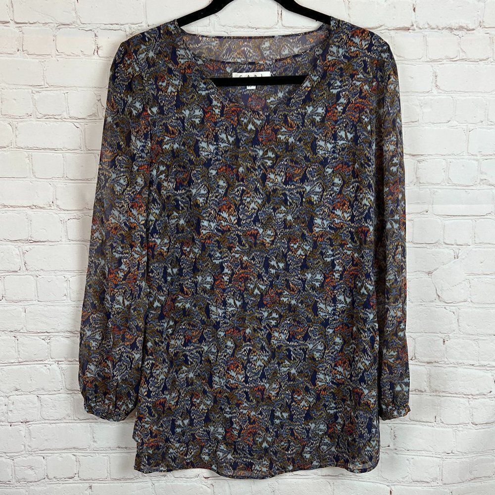 CABI blue beige 2-ply batiste long sleeve top blouse shirt tunic size XS